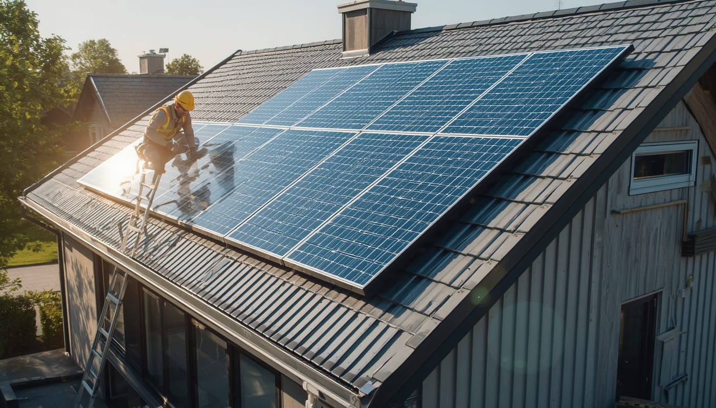 Instalador colocando paneles solares sobre el techo de una casa